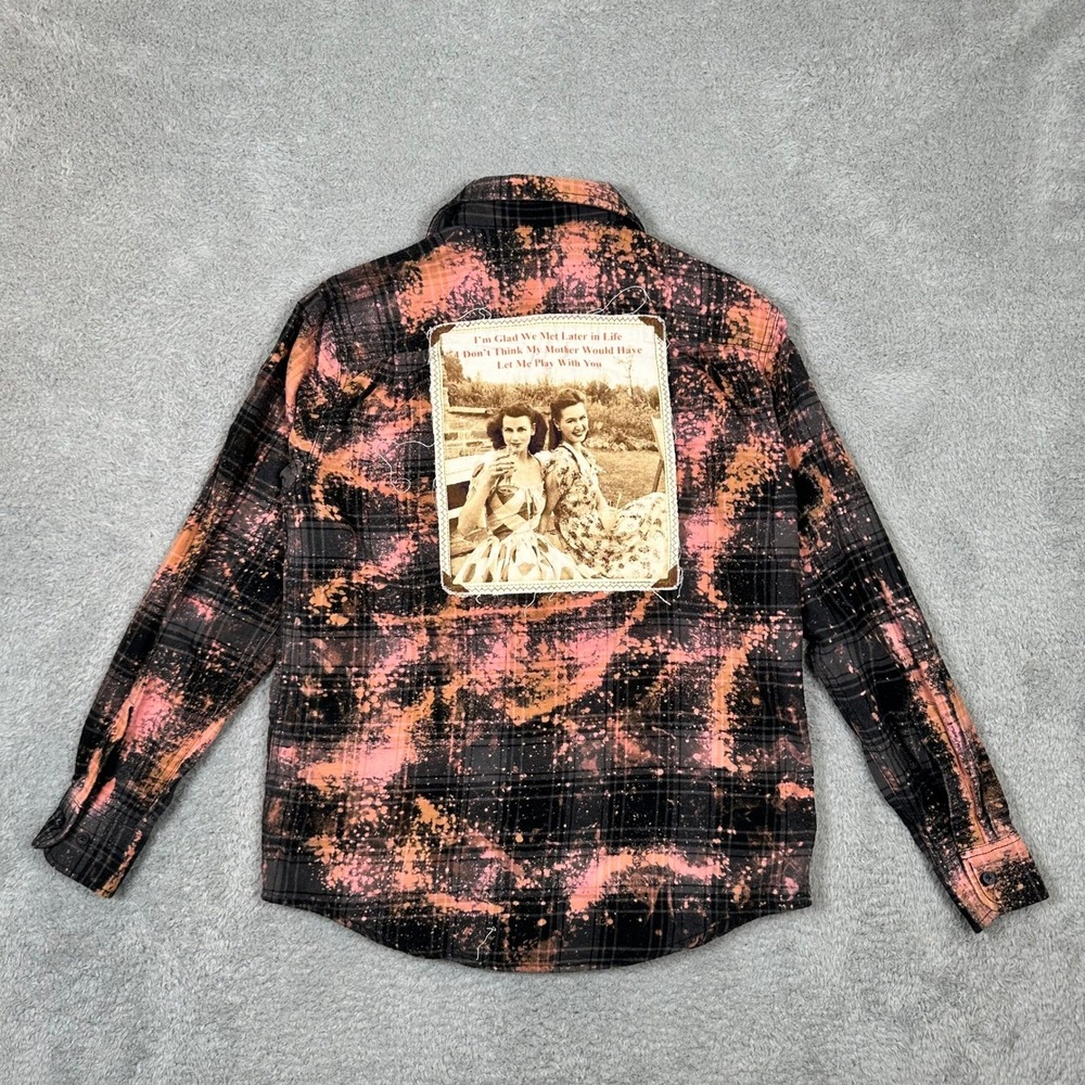 Angry Minnow Vintage Bleached Flannel Shirt Black Pink‎ Plaid Back Patch Small